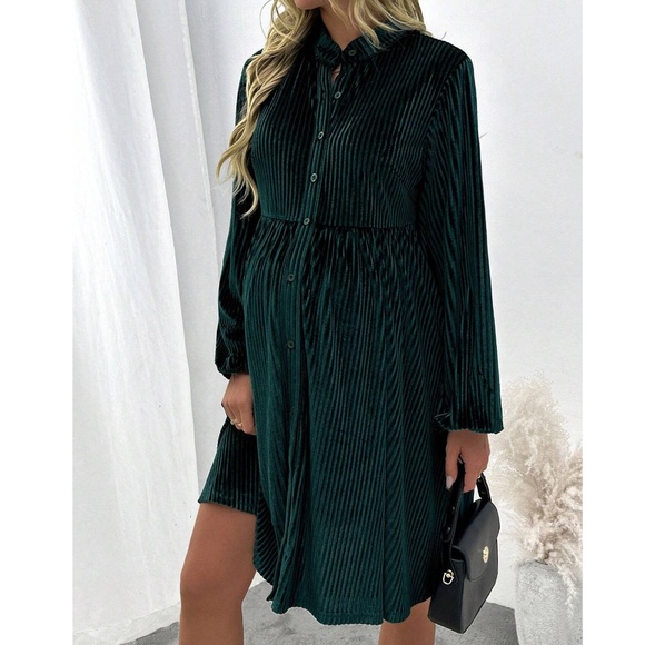 Maternity Green Velvet Button Down Long Sleeve Dress - Picture 4 of 4